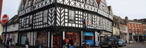 A half-timbered building in Warwick centre